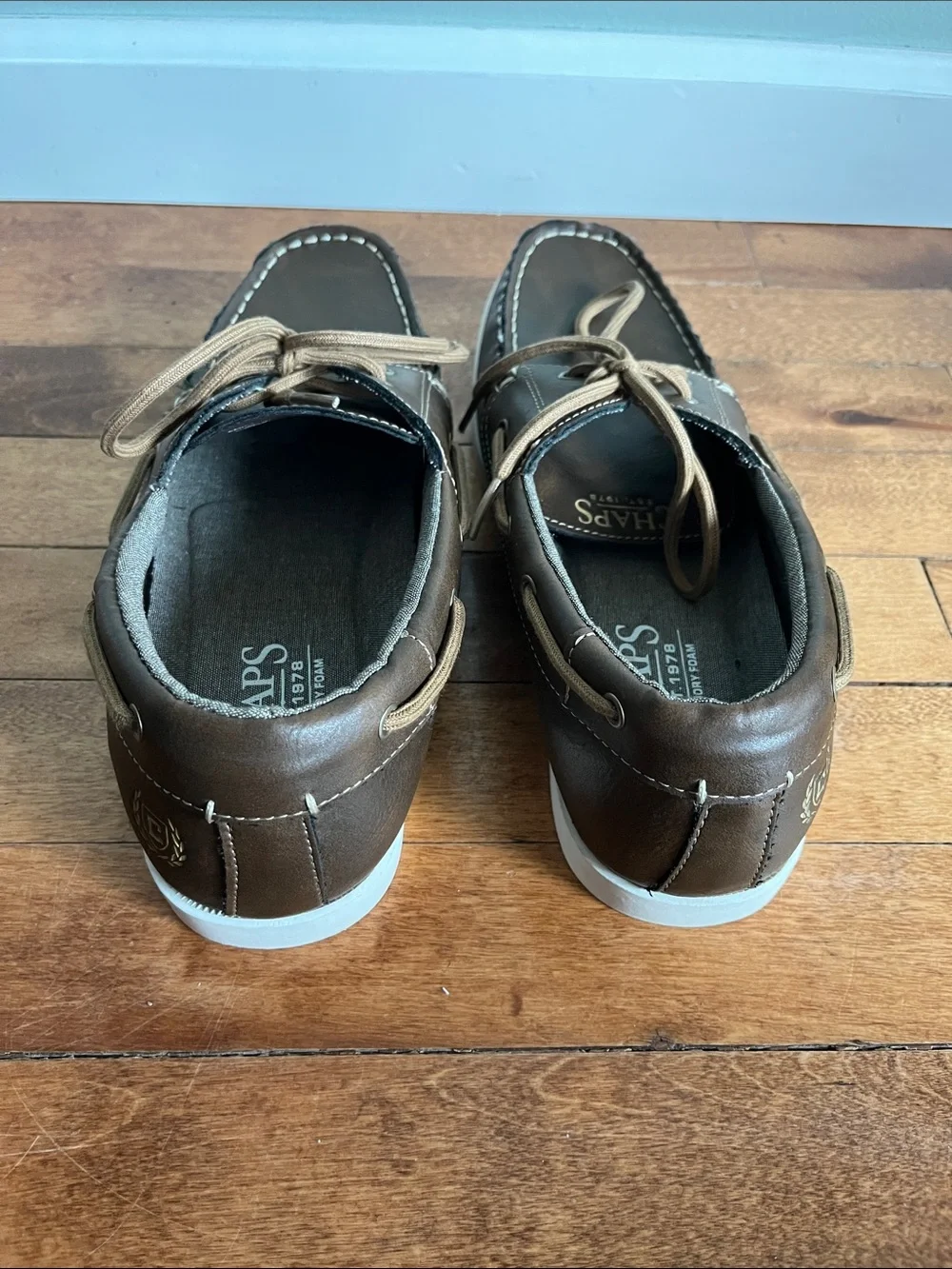 Chaps Benny Boat Shoes Men's 9 Brown Lace Up Deck Casual Loafers White Sole
